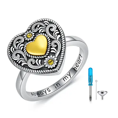 Sterling Silver Tri-tone Round Shaped Crystal Sunflower & Heart Urn Ring with Engraved Word