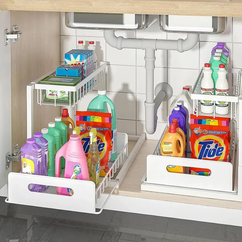 Under Sink Organizer 2 Tier Pull Out Cabinet Organizer Slide Out Sink Shelf & Cabinet Organizer for Kitchen Bathroom Cabinet ...