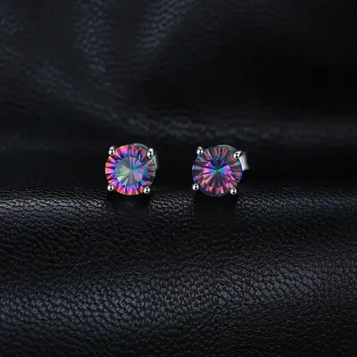 Exquisite Round Genuine Rainbow Mystic Quartz Stud Earrings in 925 Sterling Silver for Women - A Stunning Fashion Statement i...