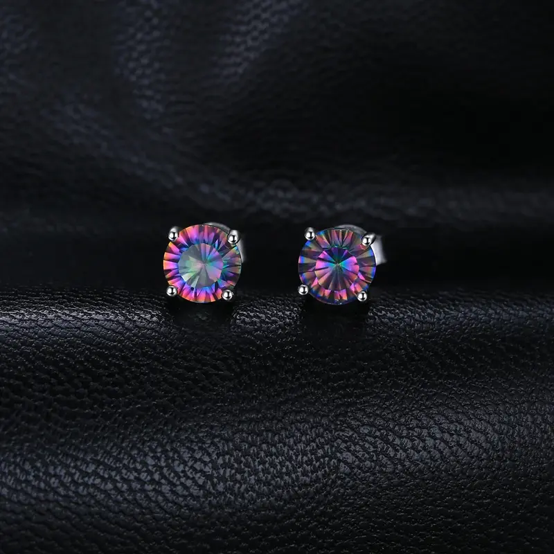 Exquisite Round Genuine Rainbow Mystic Quartz Stud Earrings in 925 Sterling Silver for Women - A Stunning Fashion Statement i...