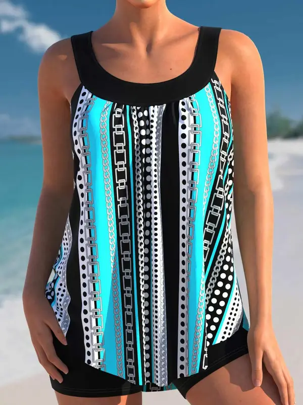Plus Size Two-Piece Set Striped Print Sleeveless Tankini Set, Casual Scoop Neck Top & Solid Swim Bottom, Tankini Swimsuits ...