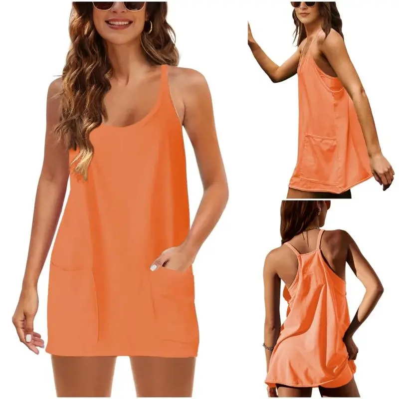 Womens Athletic Sleeveless Mini Dress with Built-in Shorts V Neck Spaghetti Strap Short Tennis Dress with Pockets