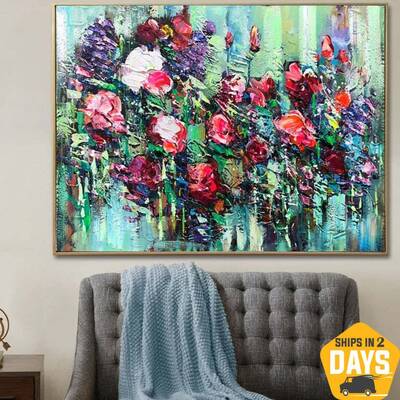 Extra Red Flowers Paintings On Canvas Green Artwork Green Modern Flowers Canvas Painting Oil Painting Modern Wall Decor | SUM...
