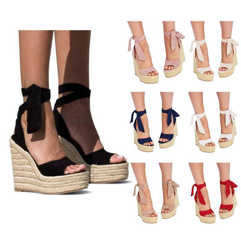 Fashare Womens Espadrilles Wedges Sandals Heels Open Toe Tie Lace Up Platform Ankle Strap Summer Dress Shoes