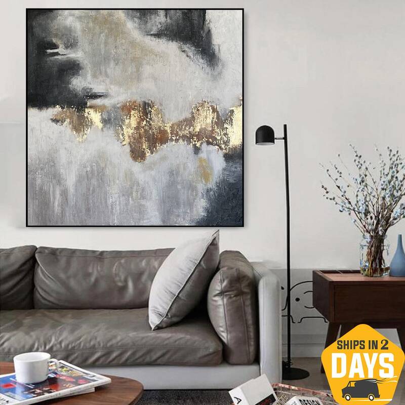 Abstract Oil Painting Black and White Wall Art Gold Leaf Acrylic Artwork for Bedroom | FETTERS OF THE SOUL 40"x40"