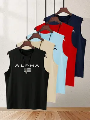 Men's Letter Print Tank Top, Regular Fit Casual Sleeveless Top for Summer, Men's Top for Gym Workout Running, Menswear, Stret...
