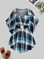 【Plus Size】 Plaid Print Belted Tee, Casual Chic Short Sleeve T-shirt for Summer, Women's Clothing for Daily Wear, T Shirt...