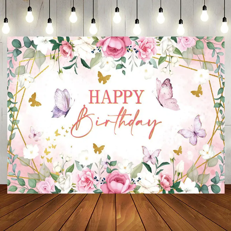Pink Floral Butterfly Green Leaves Birthday Backdrop - Aperturee