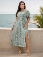 【Plus Size】 Ditsy Floral Print Wrap Split Thigh Dress, Boho Butterfly Sleeve V Neck A Line Dress for Beach Holiday Vacati...