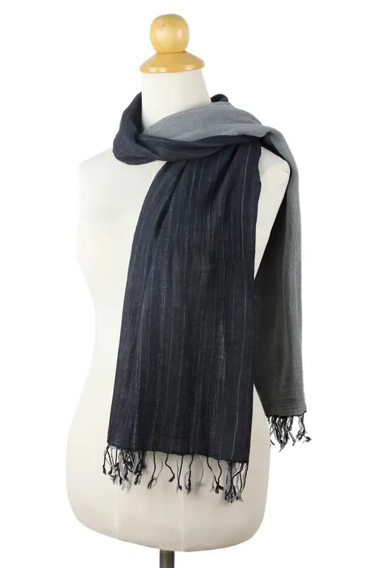 NOVICA Grey and Black Duo Cotton Scarf