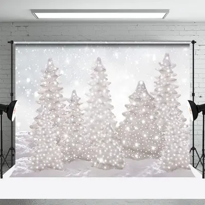 White Pearl Pine Tree Snowy Glitter Winter Backdrop - Aperturee