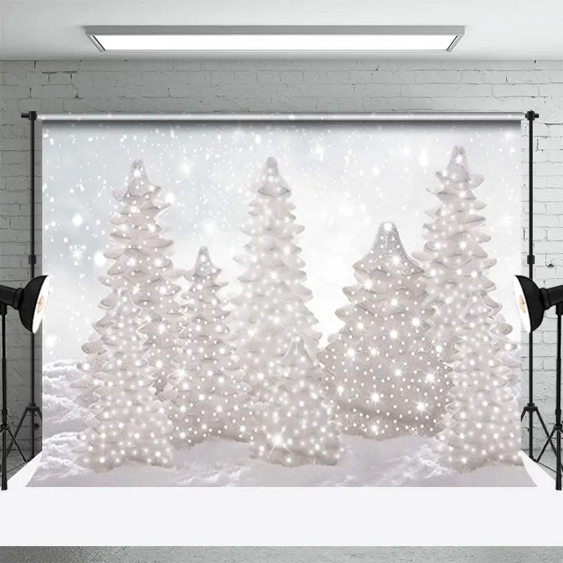 White Pearl Pine Tree Snowy Glitter Winter Backdrop - Aperturee