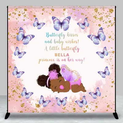 Pink Glitter Butterfly Custom Name Baby Shower Backdrop - Aperturee