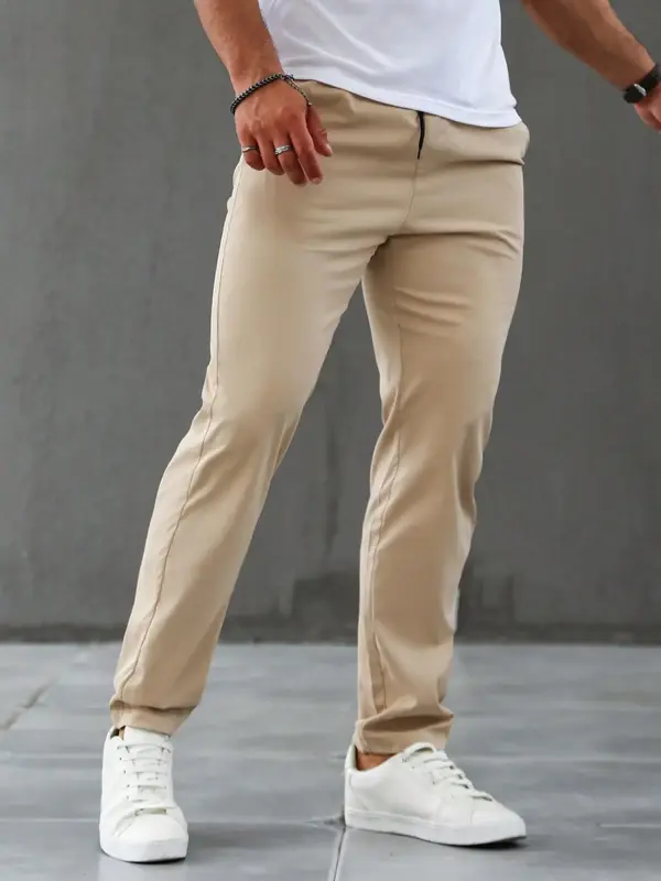 Men's Solid Color Patched Drawstring Pants, Menswear Casual Plain Pocket Elastic Waist Trousers for Spring & Fall, Men's ...