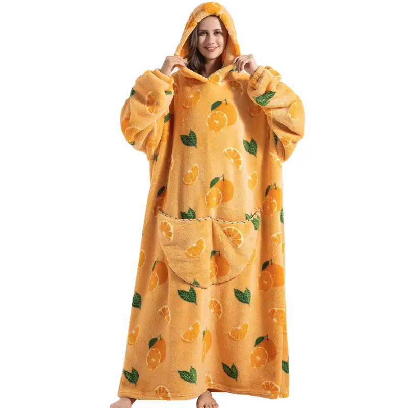 Machine Washable Hooded Blanket, 1 Count 320gsm Colorful Cartoon Pattern Wearable Blanket with Pocket & Sleeves, Christmas De...