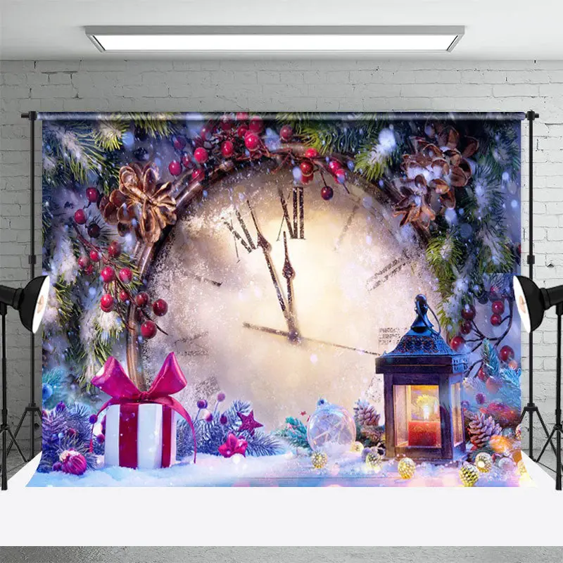 Timepiece Snowy Present Plants Christmas Backdrop - Aperturee