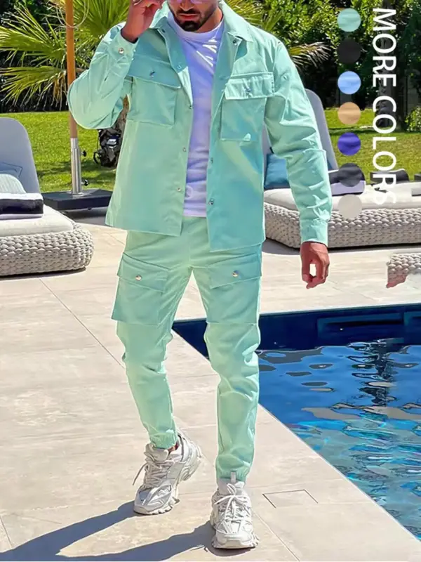 Men's Solid Button Pocket Lapel Neck Jacket & Drawstring Waist Cargo Pant Set, Regular Fit Casual Fashion Cozy Breathable Out...