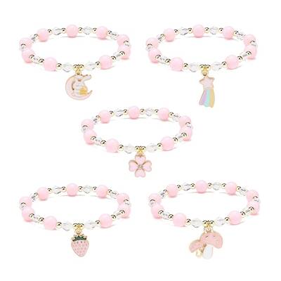 Pink Acrylic & Synthetic Hematite Beaded Stretch Bracelet with Alloy Enamel Charms for Women