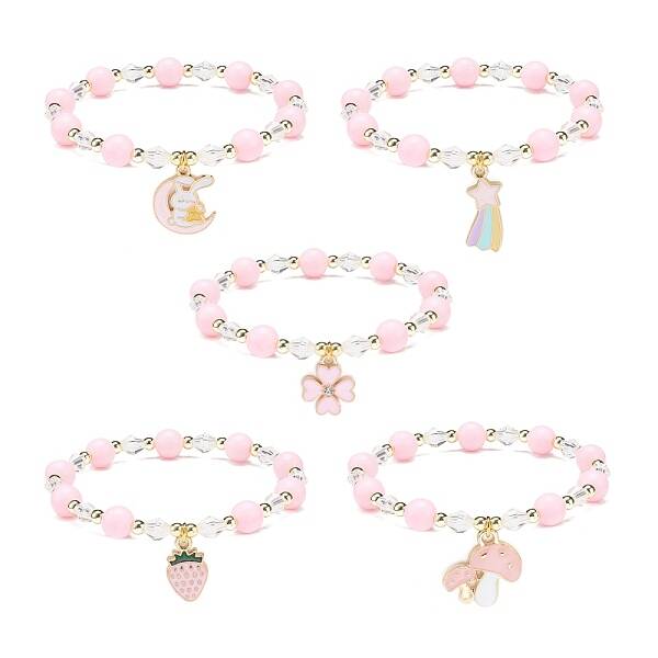 Pink Acrylic & Synthetic Hematite Beaded Stretch Bracelet with Alloy Enamel Charms for Women
