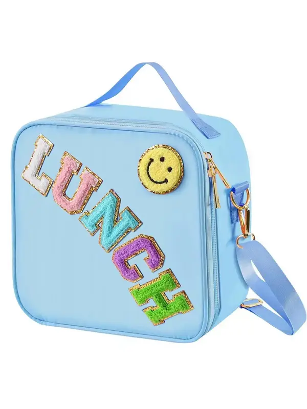 Letters & Cartoon Smile Face Embroidery Lunch Bag, Large Capacity Lunch Bag, Portable Insulated Waterproof Lunch Bag for Kids...