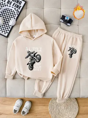 Boys' Fall & Winter Fashion Hooded Sweatshirt Set, Thick Anime Motorcycle Print Pullover, Casual Fitted Pants, Perfect Outdoo...