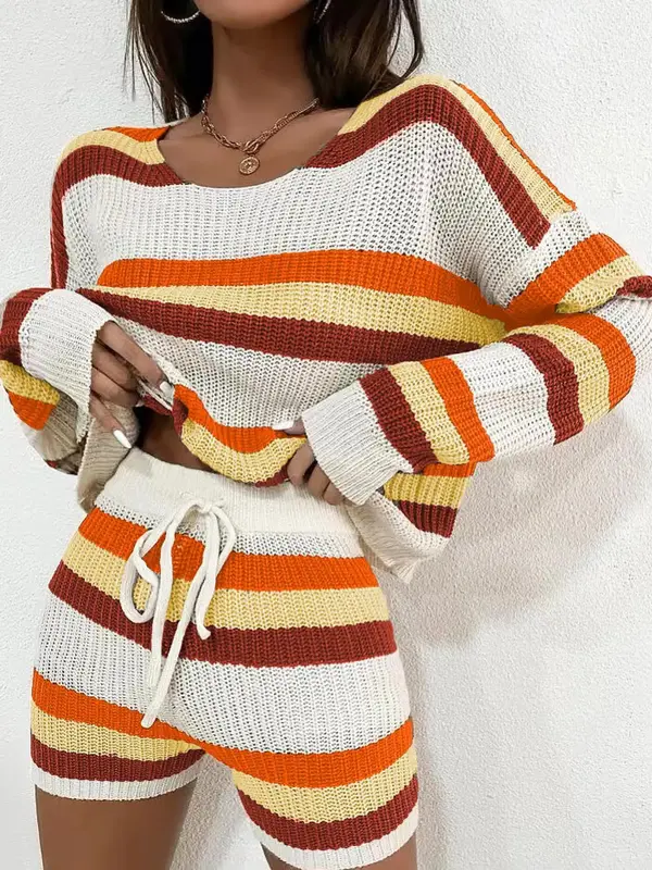 Women's Striped Print Two-Piece Set, Cozy Drop Shoulder Crop Sweater & Drawstring Waist Shorts Set, Knitwear Outfits for Spri...