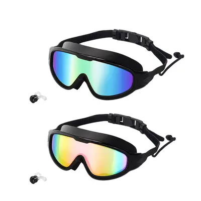 GOECI 2 Pack - Swim Goggles for Adults & Kids - Anti-Fog Full-Coverage, 3-Color UV Lens, Waterproof Earplugs & Nose Clip, Fit...