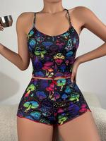 2 Counts Women's Mushroom Print Pyjama Set, Back To School Wear, Cute Criss Cross Backless Cami Top & Bow Decor Lettuce Tri...