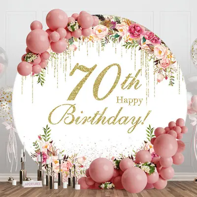 Floral Gold Tassels Round 70th Birthday Backdrop - Aperturee