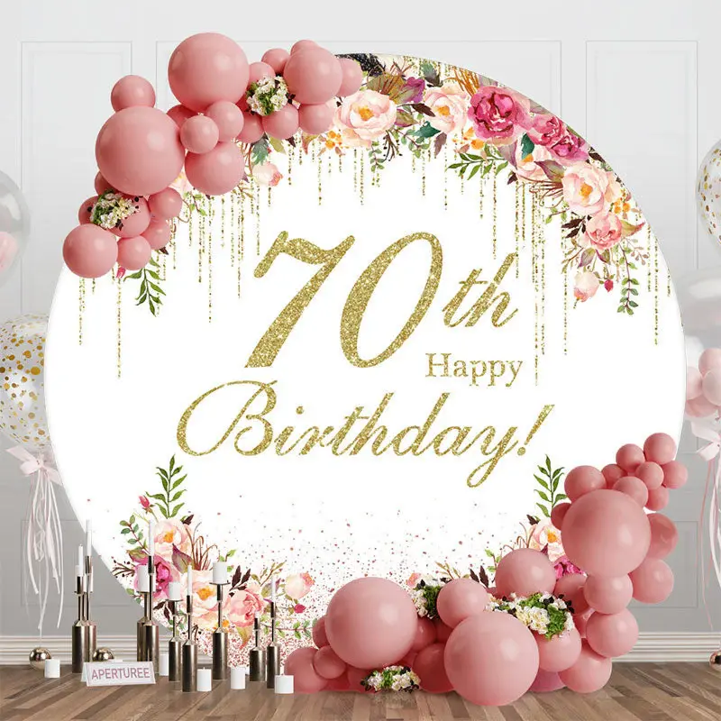 Floral Gold Tassels Round 70th Birthday Backdrop - Aperturee