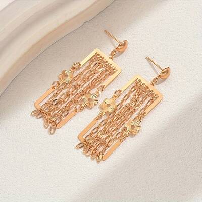 Geometric Brass Tassel Stud Earrings