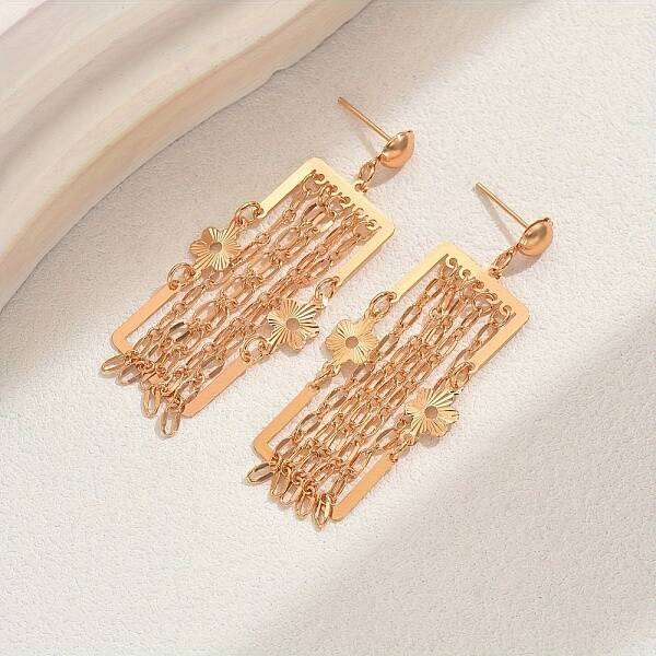 Geometric Brass Tassel Stud Earrings