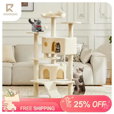 RIMIKING Multi-Level Cat Tree,Durable & Pet-Friendly Material,Interactive Toys,Anti-Tilt Device,Scratching Posts,Comfortable ...