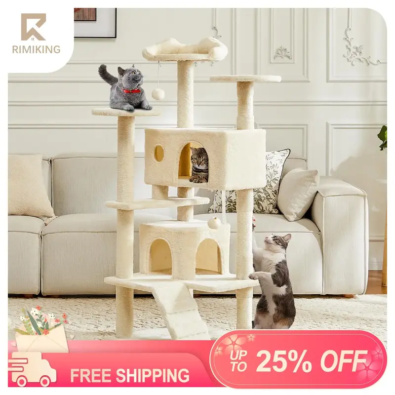 RIMIKING Multi-Level Cat Tree,Durable & Pet-Friendly Material,Interactive Toys,Anti-Tilt Device,Scratching Posts,Comfortable ...