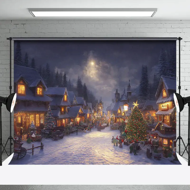 Aperturee Winter Dark Moon Night Town Snowy Christmas Backdrop - Aperturee