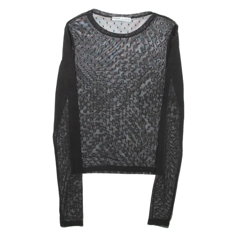 PULL&BEAR Sheer Womens Top Black Long Sleeve Spotted XS