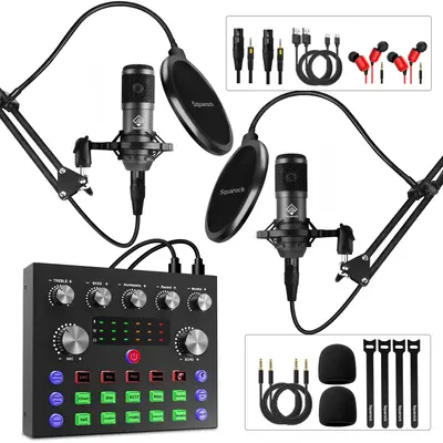 Squarock Podcast Equipment Bundle for 2, Audio Interface with DJ Mixer and Condenser Microphone,Audio Mixer Perfect for PC/Ph...