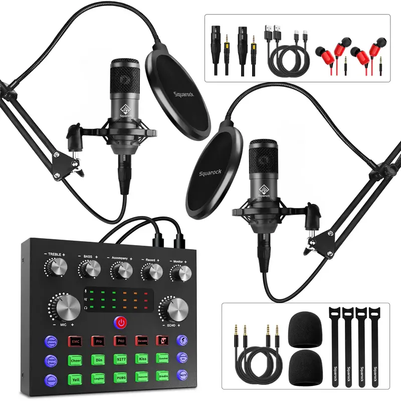 Squarock Podcast Equipment Bundle for 2, Audio Interface with DJ Mixer and Condenser Microphone,Audio Mixer Perfect for PC/Ph...