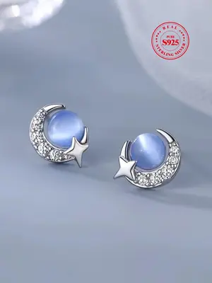 925 Sterling Silver Moon & Star & Heart Design Earrings, Fashionable Earrings for Women, Elegant All-match Fashion Accessorie...