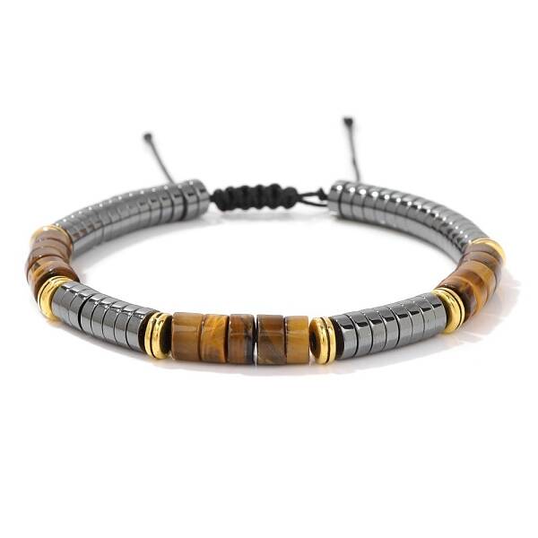 Natural Tiger Eye and Synthetic Non-Magnetic Hematite Braided Bead Bracelets