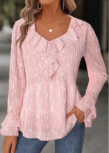 Modlily Light Pink Long Sleeve Heart Collar Blouse - XL
