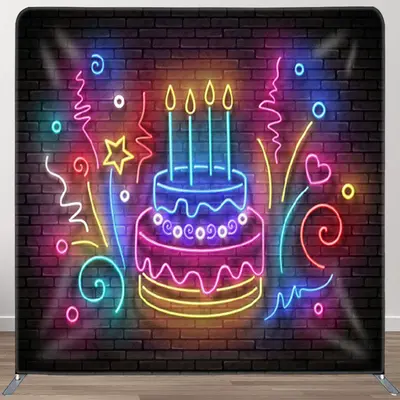 Aperturee Neon Birthday Cake Brick Wall Happy Birthday Backdrop - Aperturee