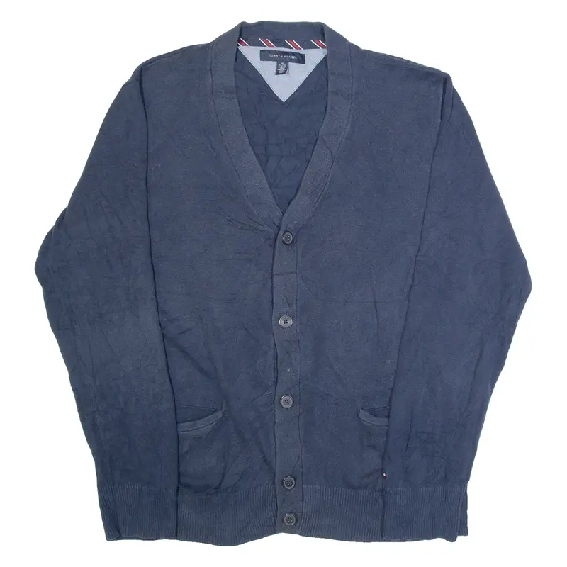 TOMMY HILFIGER Mens Cardigan Blue V-Neck Tight Knit XL