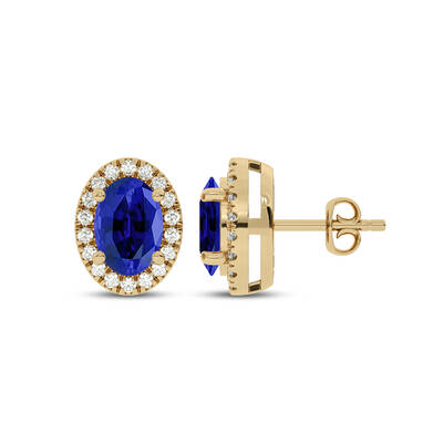 Dainty Lab Grown Diamond Whisper Halo Earrings | 10K Yellow Gold 1/6 ct. tw. Diamond & 5X3mm Oval Sapphire
