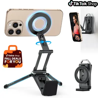 OMOTON Magnetic Phone Tripod Stand - Foldable Travel Mount with 360 Rotating Shaft Adjustable Ring Grip Selfie Stick Clamping...