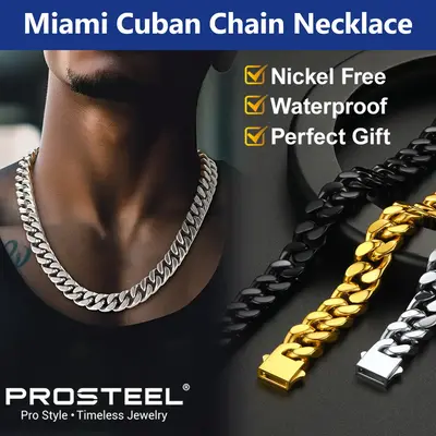 PROSTEEL Miami Cuban Chain Necklace Stainless Steel 5mm/7mm/9mm/12mm/14mm Width 18-30 Necklace Hypoallergenic Jewelry Uni...