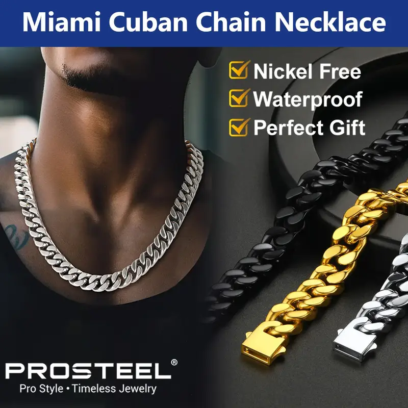 PROSTEEL Miami Cuban Chain Necklace Stainless Steel 5mm/7mm/9mm/12mm/14mm Width 18-30 Necklace Hypoallergenic Jewelry Uni...