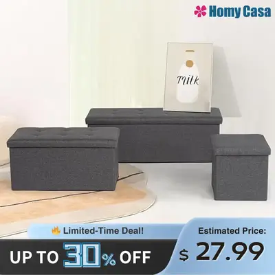 Homy Casa Storage Ottoman Bench Foldable Upholstered Foot Rest Coffee Table 43 Inches Grey Folding for Living Room, Bedroom, ...