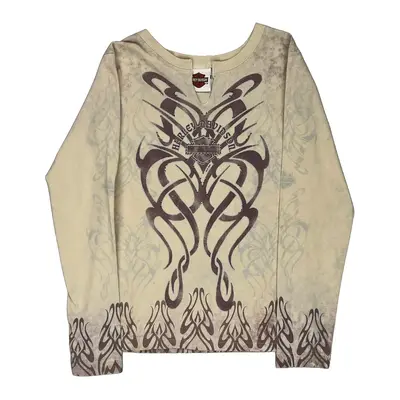 Harley Davidson Graphic Long Sleeve T-Shirt - Small Beige Cotton