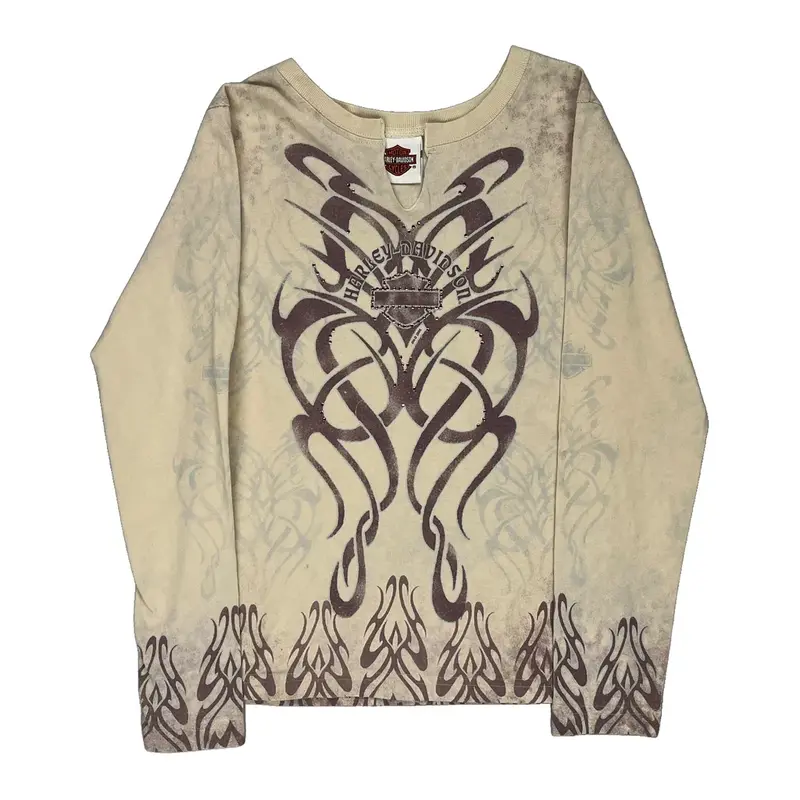 Harley Davidson Graphic Long Sleeve T-Shirt - Small Beige Cotton